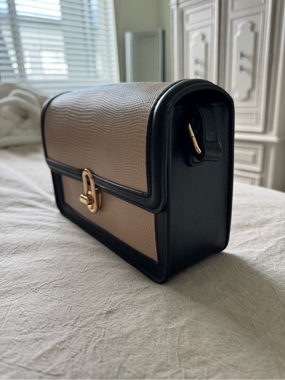 Anthropologie Jules Kae Structured Beige and Black Crossbody Bag w/Gold Hardware